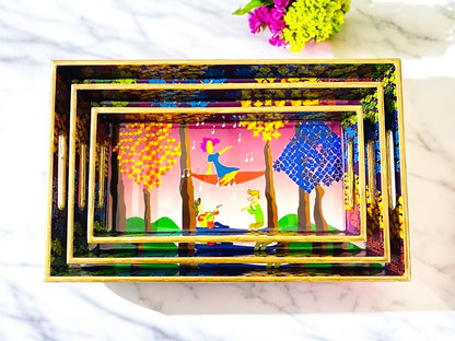 "Tree Serenade" Artistic Wooden Cutlery-Rectangular Trays (Set of 3) I Serve ware I Handmade I Decorative I Meena I Size-12*6*2,14*8*2 & 16*10*2 Inch