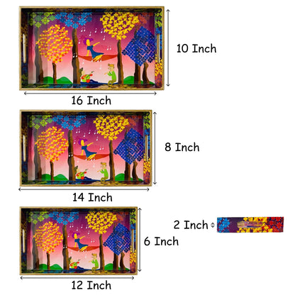 "Tree Serenade" Artistic Wooden Cutlery-Rectangular Trays (Set of 3) I Serve ware I Handmade I Decorative I Meena I Size-12*6*2,14*8*2 & 16*10*2 Inch