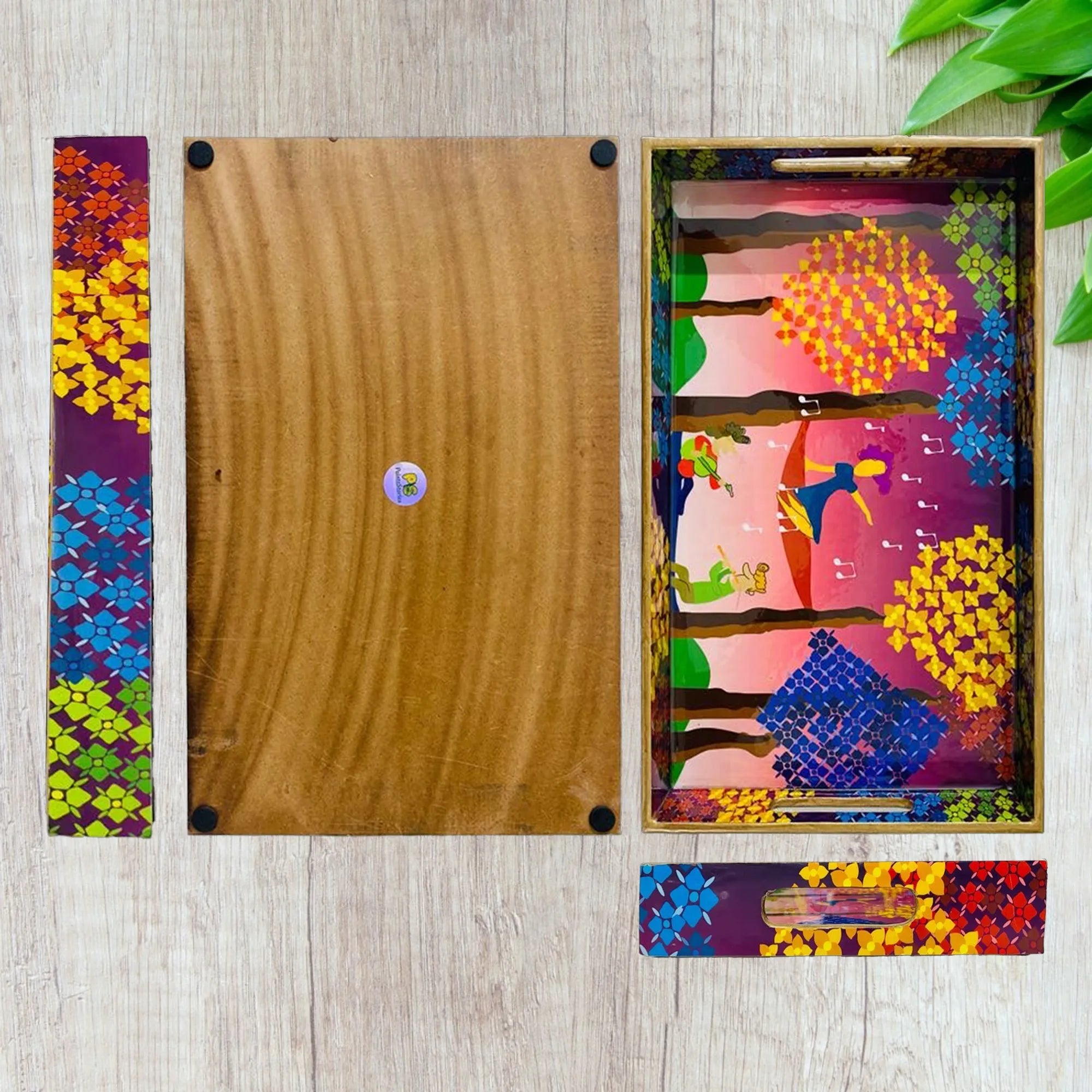 "Tree Serenade" Artistic Wooden Cutlery-Rectangular Tray- Set of 2 I Serve ware I Hand Crafted I Decorative I Meena Print I Size-12*6*2 & 14*8*2 Inch