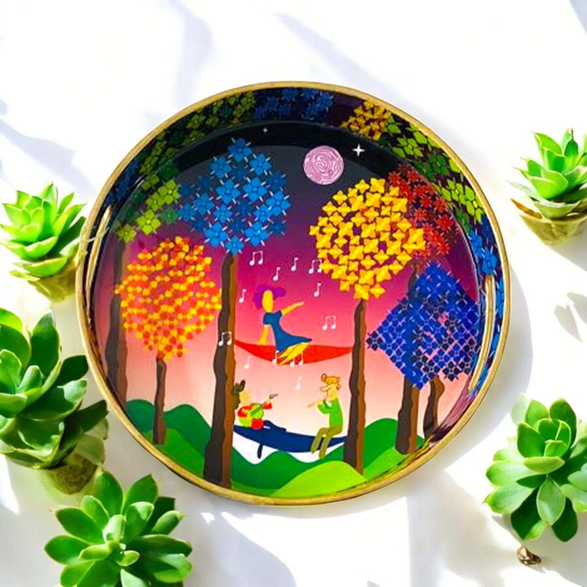 "Tree Serenade" Artistic Wooden Cutlery-Round Tray Large I Serve ware I Handmade I Living Room Décor I Decorative I Meena Print I Size-12*12*2 Inch