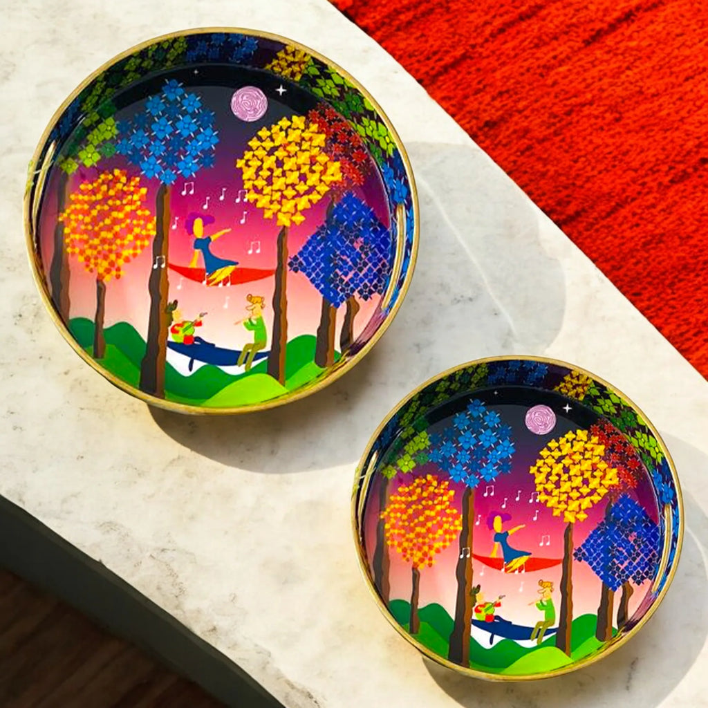"Tree Serenade" Artistic Wooden Cutlery-Round Trays (Set of 2) I Serve ware I Hand Crafted I Decorative I Meena Print I Size-10*10*2 & 12*12*2 Inch