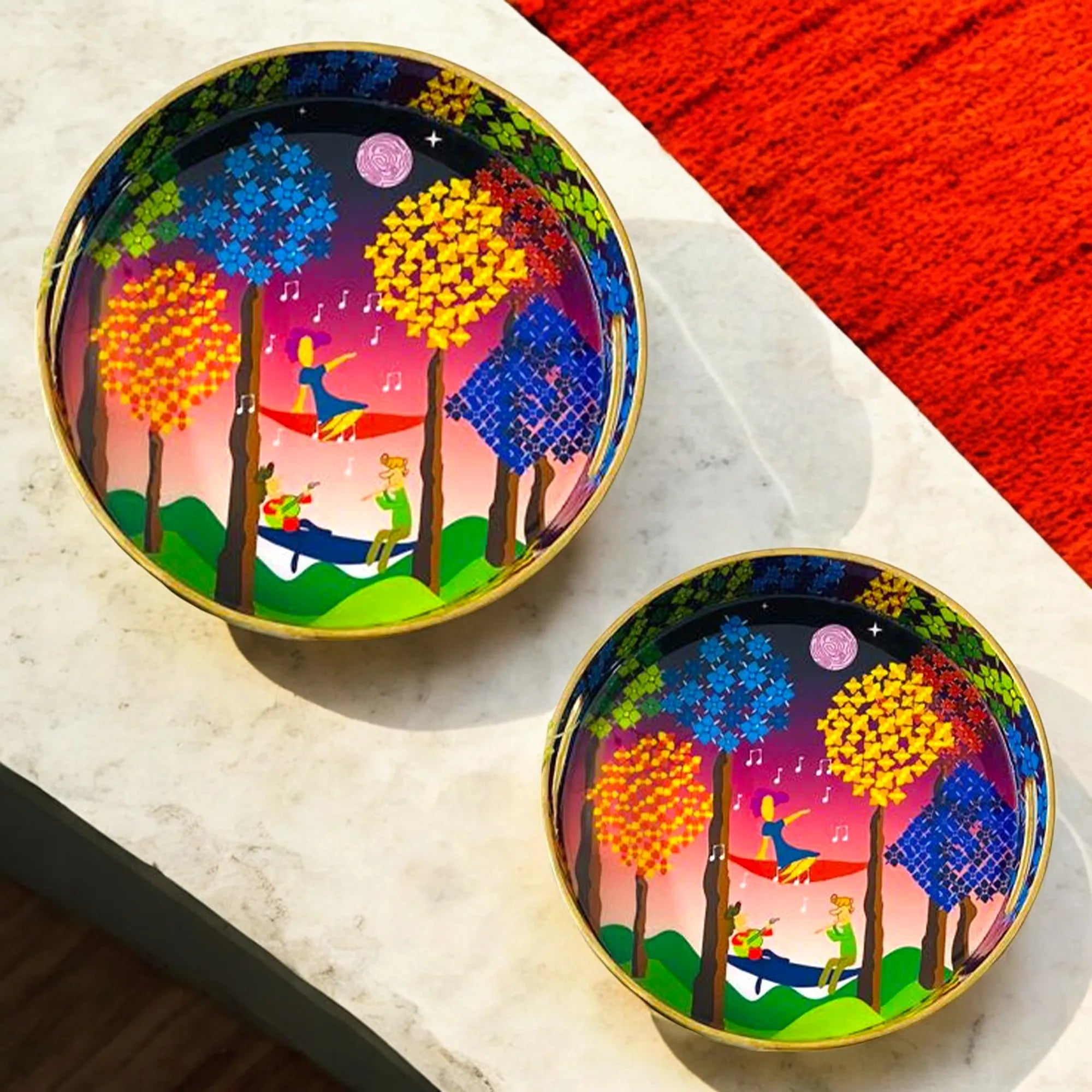 "Tree Serenade" Artistic Wooden Cutlery-Round Trays (Set of 2) I Serve ware I Hand Crafted I Decorative I Meena Print I Size-10*10*2 & 12*12*2 Inch