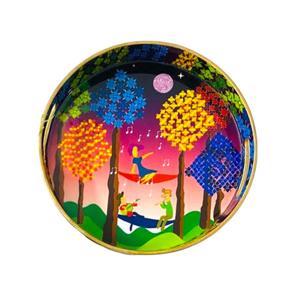 "Tree Serenade" Artistic Wooden Cutlery-Round Tray Small I Serve ware I Hand Crafted I Living Room Décor I Gift Item I Meena Print I Size-10*10*2 Inch