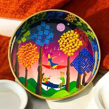 "Tree Serenade" Artistic Wooden Cutlery-Round Tray Small I Serve ware I Hand Crafted I Living Room Décor I Gift Item I Meena Print I Size-10*10*2 Inch