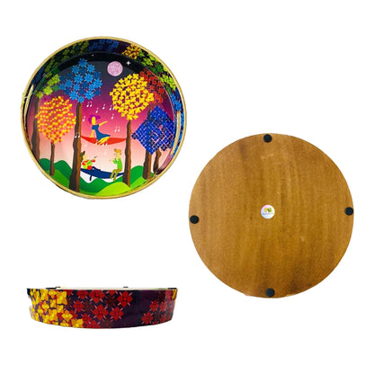 "Tree Serenade" Artistic Wooden Cutlery-Round Tray Small I Serve ware I Hand Crafted I Living Room Décor I Gift Item I Meena Print I Size-10*10*2 Inch