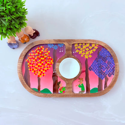 "Tree Serenade" Artistic Wooden Cutlery-Round Platter with Ceramic Bowl I Dine ware I Hand Crafted I Living Room Décor I Meena Print I Size-14*8 Inch