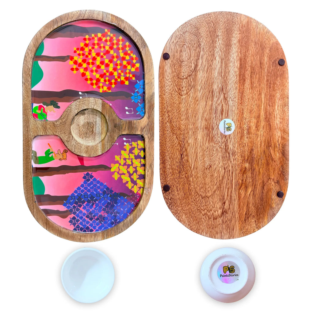 "Tree Serenade" Artistic Wooden Cutlery-Round Platter with Ceramic Bowl I Dine ware I Hand Crafted I Living Room Décor I Meena Print I Size-14*8 Inch