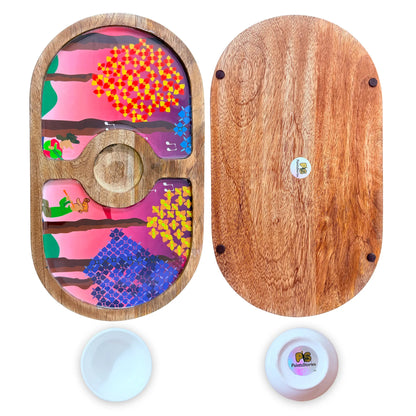 "Tree Serenade" Artistic Wooden Cutlery-Round Platter with Ceramic Bowl I Dine ware I Hand Crafted I Living Room Décor I Meena Print I Size-14*8 Inch