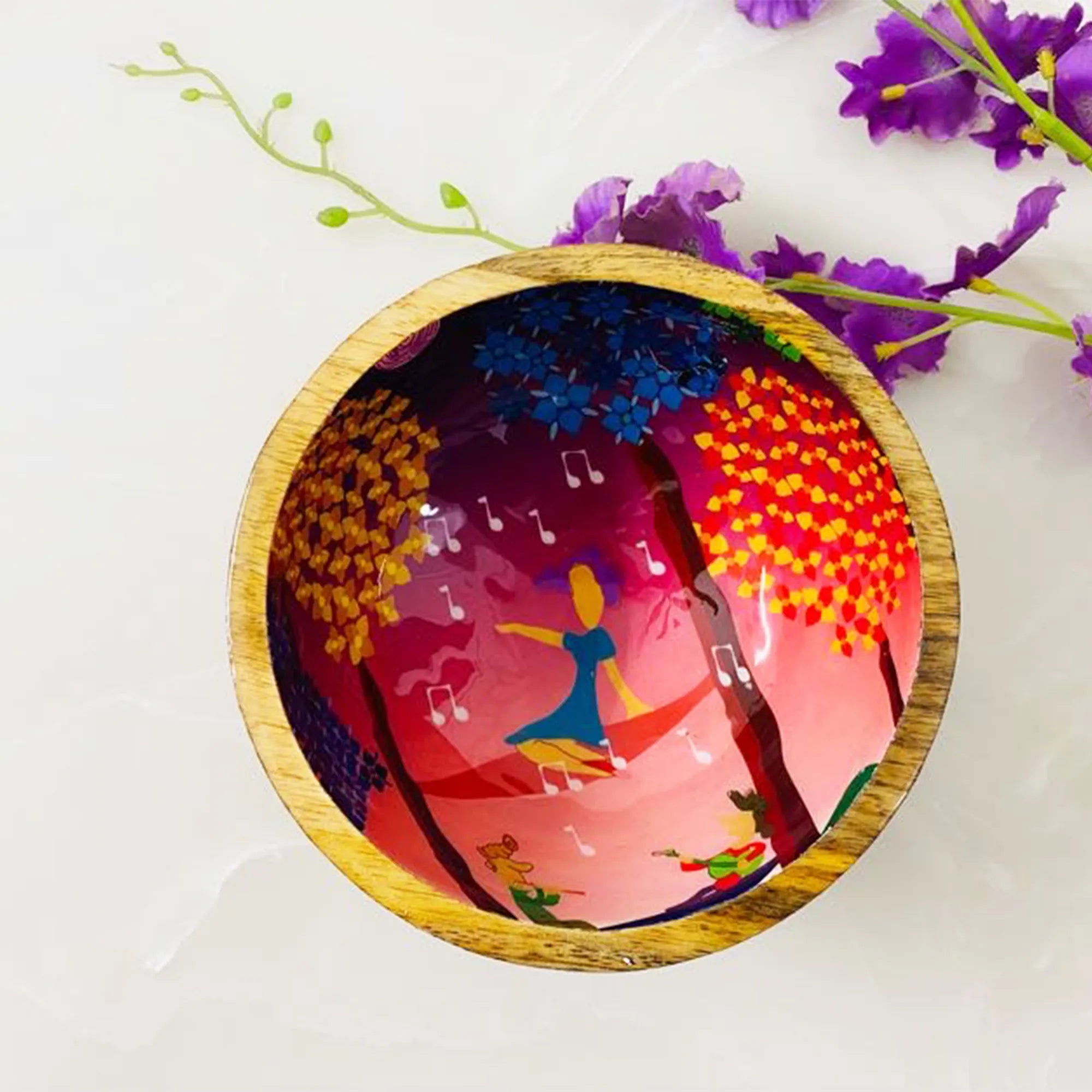 "Tree Serenade" Artistic Wooden Cutlery - Small Bowl I Serve ware I Hand Crafted I Living Room Décor I Decorative I Meena Print I Size-6*6*3 Inch