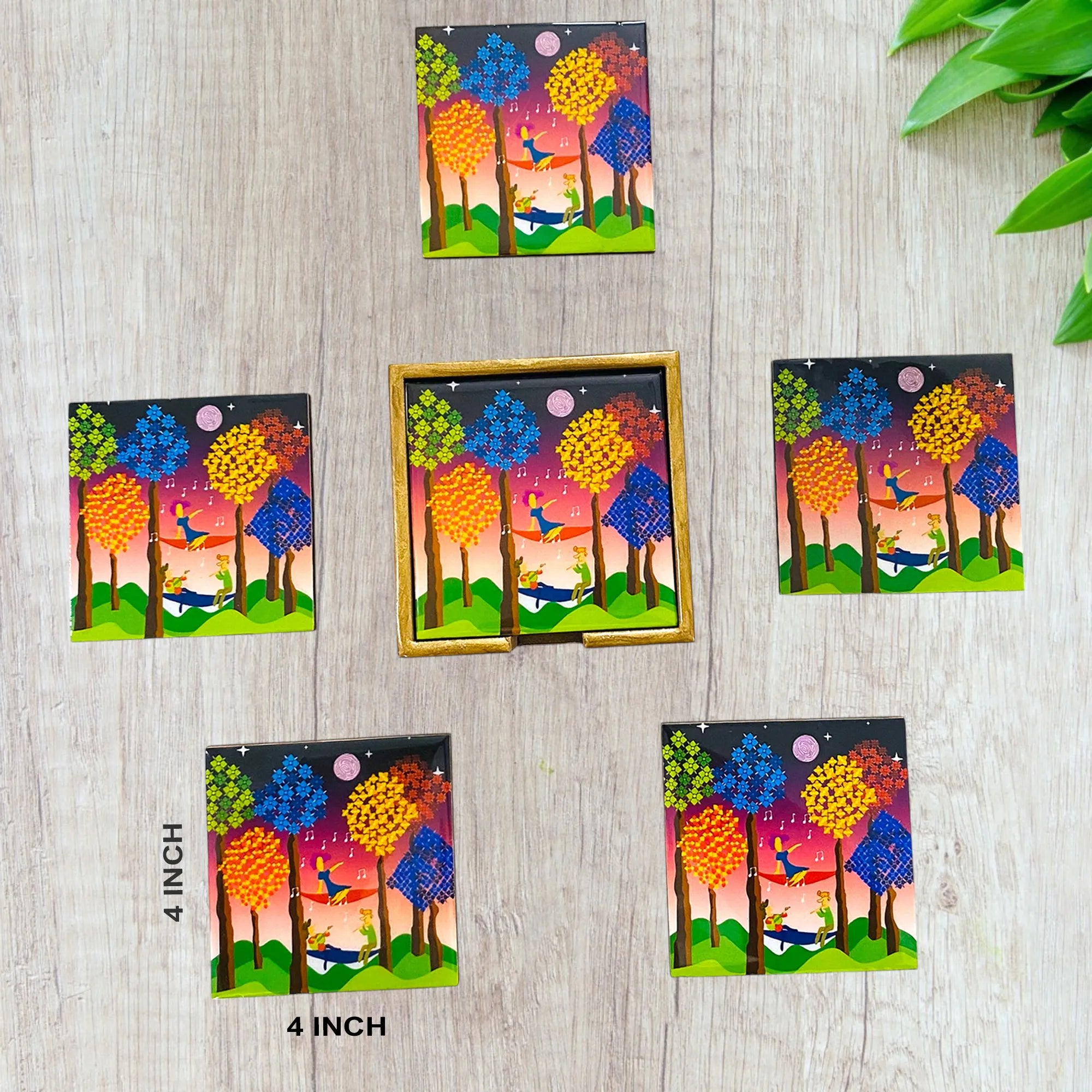 "Tree Serenade" Artistic Wooden Cutlery-Wooden Tea Coaster I Table ware I Hand Crafted I Living Room Décor I Decorative I Meena Print I Size- 4*4 Inch