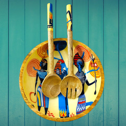"Egyptian Priestess and Warriors" Artistic Wooden Cutlery-Big Bowl with Serving Spoons I Dine ware I Home Décor I Meena Print I Size-10*10*3 Inch