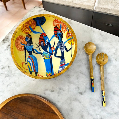 "Egyptian Priestess and Warriors" Artistic Wooden Cutlery-Big Bowl with Serving Spoons I Dine ware I Home Décor I Meena Print I Size-10*10*3 Inch