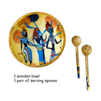 "Egyptian Priestess and Warriors" Artistic Wooden Cutlery-Big Bowl with Serving Spoons I Dine ware I Home Décor I Meena Print I Size-10*10*3 Inch