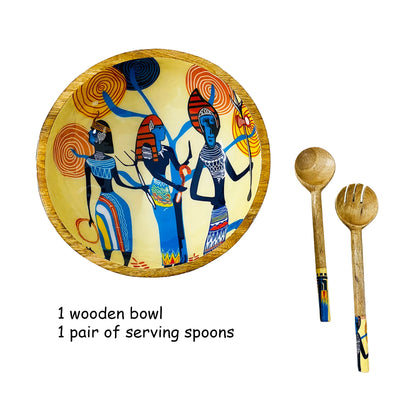 "Egyptian Priestess and Warriors" Artistic Wooden Cutlery-Big Bowl with Serving Spoons I Dine ware I Home Décor I Meena Print I Size-10*10*3 Inch