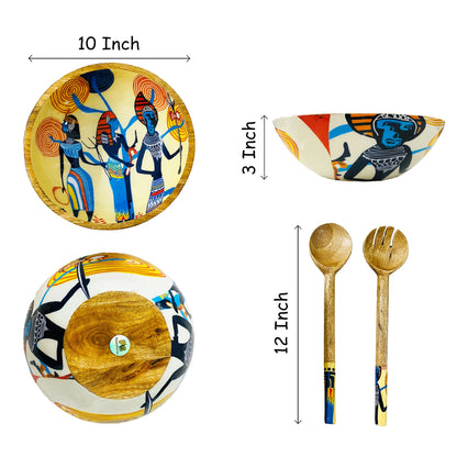 "Egyptian Priestess and Warriors" Artistic Wooden Cutlery-Big Bowl with Serving Spoons I Dine ware I Home Décor I Meena Print I Size-10*10*3 Inch