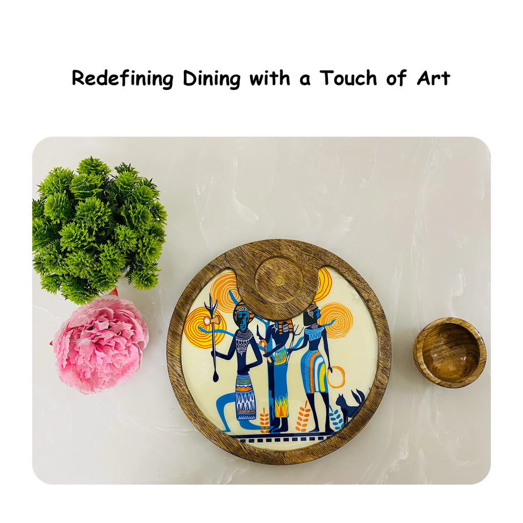 "Egyptian Priestess and Warriors" Artistic Wooden Cutlery-Circular Platter with Wooden Bowl I Table ware I Handmade I Decorative I Size-10*10 Inch