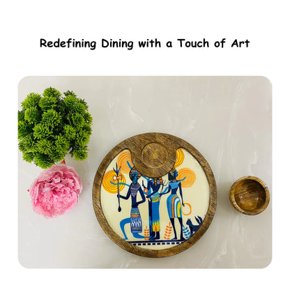 "Egyptian Priestess and Warriors" Artistic Wooden Cutlery-Circular Platter with Wooden Bowl I Table ware I Handmade I Decorative I Size-10*10 Inch