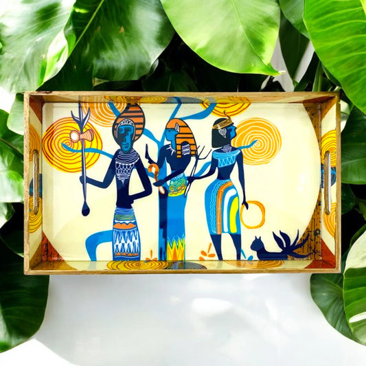 "Egyptian Priestess and Warriors" Artistic Wooden Cutlery-Rectangular Tray- Large I Serve ware I Hand Crafted I Meena Print I Gift I Size-16*10*2 Inch