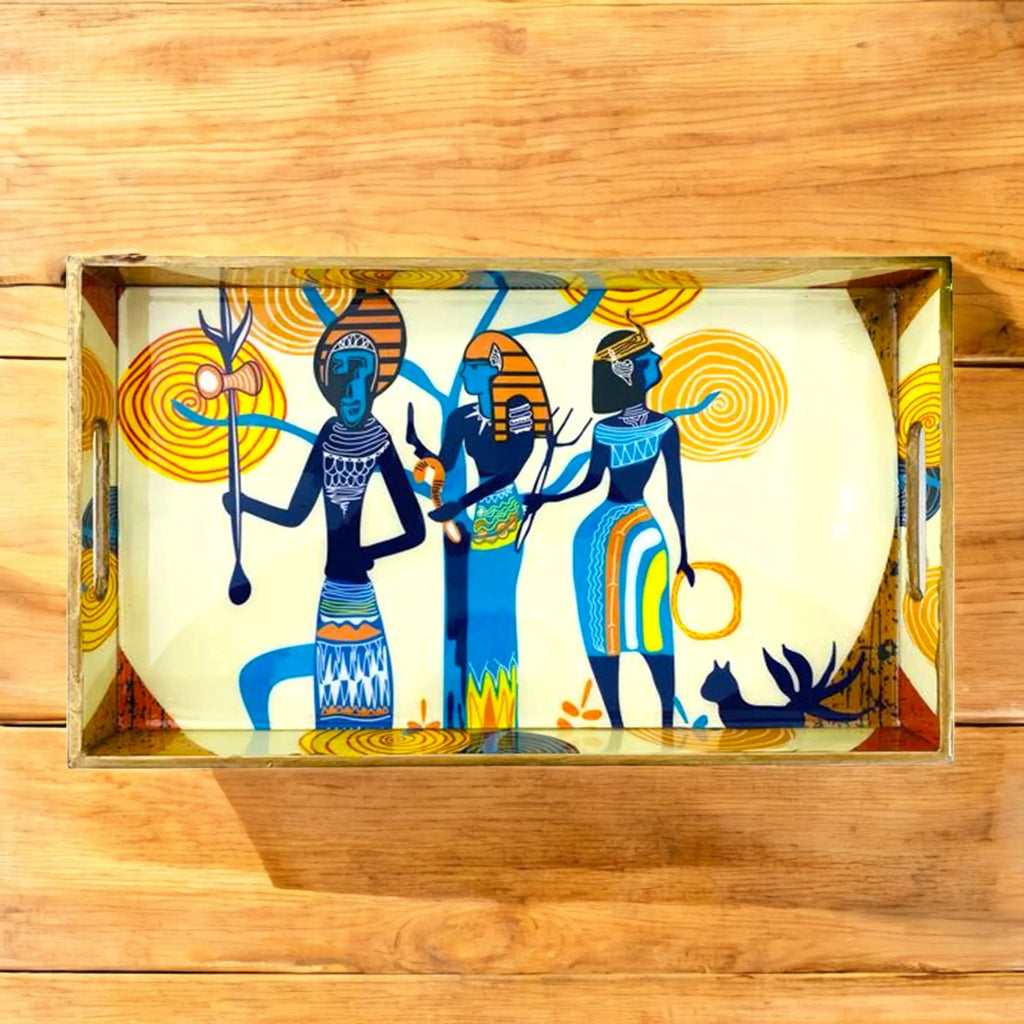 "Egyptian Priestess and Warriors" Artistic Wooden Cutlery-Rectangular Tray- Large I Serve ware I Hand Crafted I Meena Print I Gift I Size-16*10*2 Inch