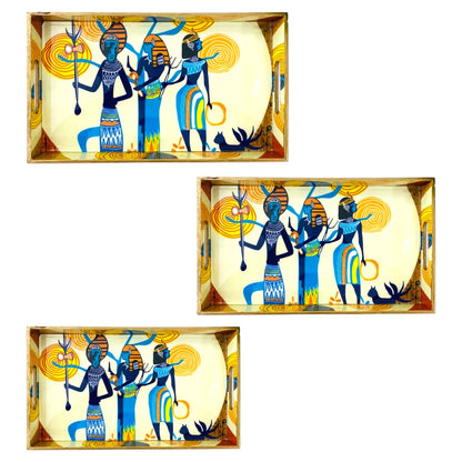 "Egyptian Priestess and Warriors" Artistic Wooden Cutlery-Rectangular Trays (Set of 3) I Serve ware I Handmade I Size-12*6*2,14*8*2 & 16*10*2 Inch