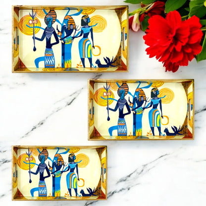 "Egyptian Priestess and Warriors" Artistic Wooden Cutlery-Rectangular Trays (Set of 3) I Serve ware I Handmade I Size-12*6*2,14*8*2 & 16*10*2 Inch