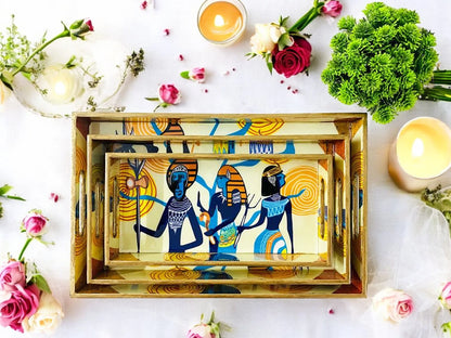 "Egyptian Priestess and Warriors" Artistic Wooden Cutlery-Rectangular Trays (Set of 3) I Serve ware I Handmade I Size-12*6*2,14*8*2 & 16*10*2 Inch