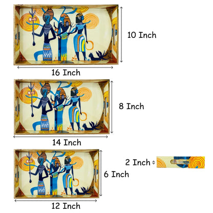 "Egyptian Priestess and Warriors" Artistic Wooden Cutlery-Rectangular Trays (Set of 3) I Serve ware I Handmade I Size-12*6*2,14*8*2 & 16*10*2 Inch