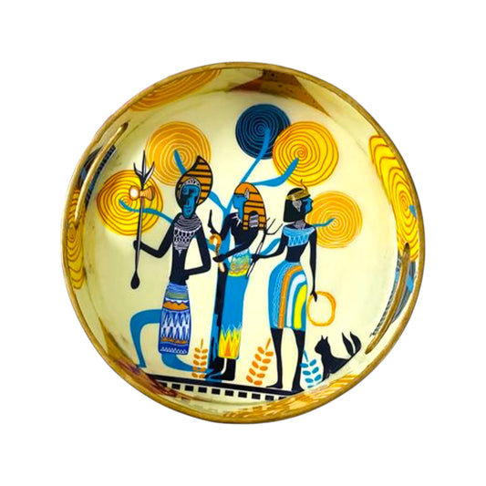 "Egyptian Priestess and Warriors" Artistic Wooden Cutlery-Round Tray Large I Serve ware I Hand Crafted I Decorative I Meena Print I Size-12*12*2 Inch