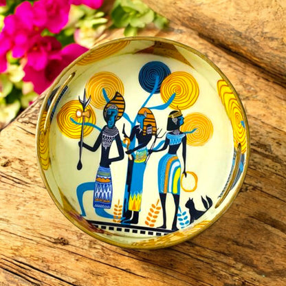 "Egyptian Priestess and Warriors" Artistic Wooden Cutlery-Round Tray Large I Serve ware I Hand Crafted I Decorative I Meena Print I Size-12*12*2 Inch