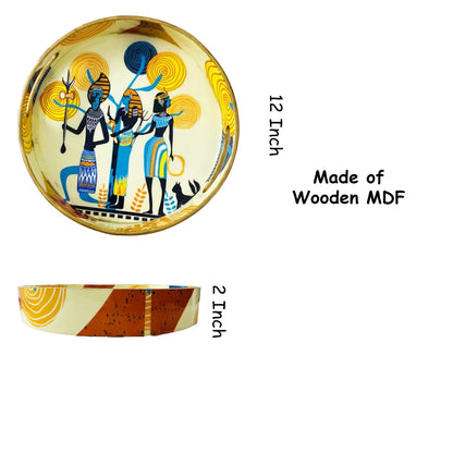 "Egyptian Priestess and Warriors" Artistic Wooden Cutlery-Round Tray Large I Serve ware I Hand Crafted I Decorative I Meena Print I Size-12*12*2 Inch