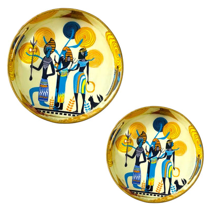 "Egyptian Priestess & Warriors" Wooden Cutlery-Round Trays (Set of 2) I Serve ware I Handmade I Decorative I Meena Print I Size-10*10*2 & 12*12*2 Inch