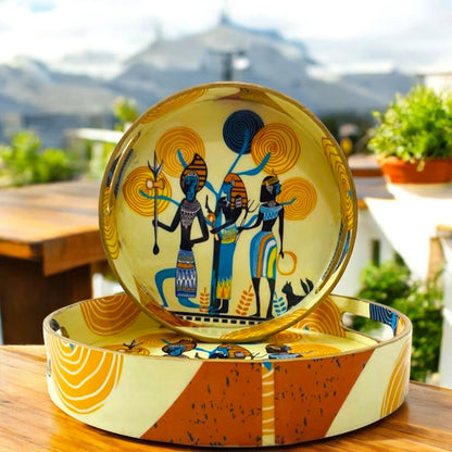 "Egyptian Priestess & Warriors" Wooden Cutlery-Round Trays (Set of 2) I Serve ware I Handmade I Decorative I Meena Print I Size-10*10*2 & 12*12*2 Inch