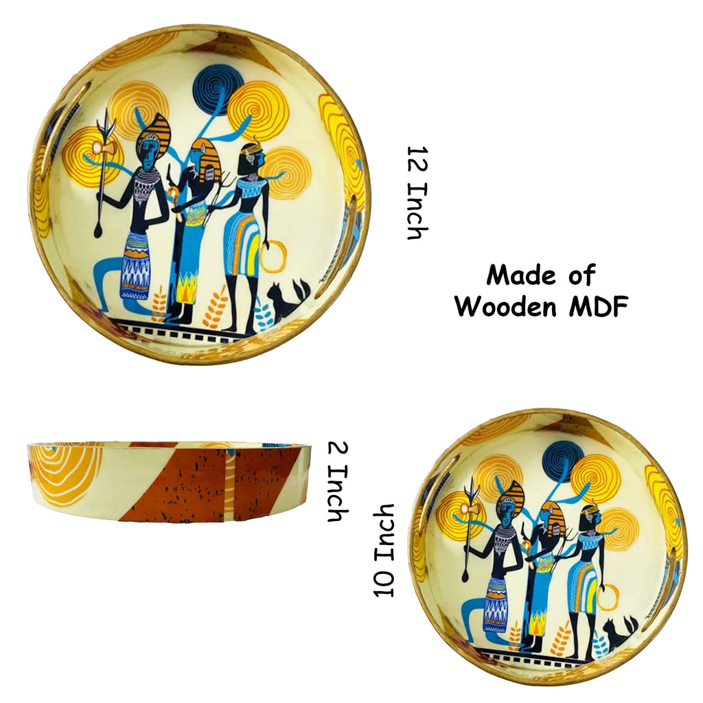 "Egyptian Priestess & Warriors" Wooden Cutlery-Round Trays (Set of 2) I Serve ware I Handmade I Decorative I Meena Print I Size-10*10*2 & 12*12*2 Inch