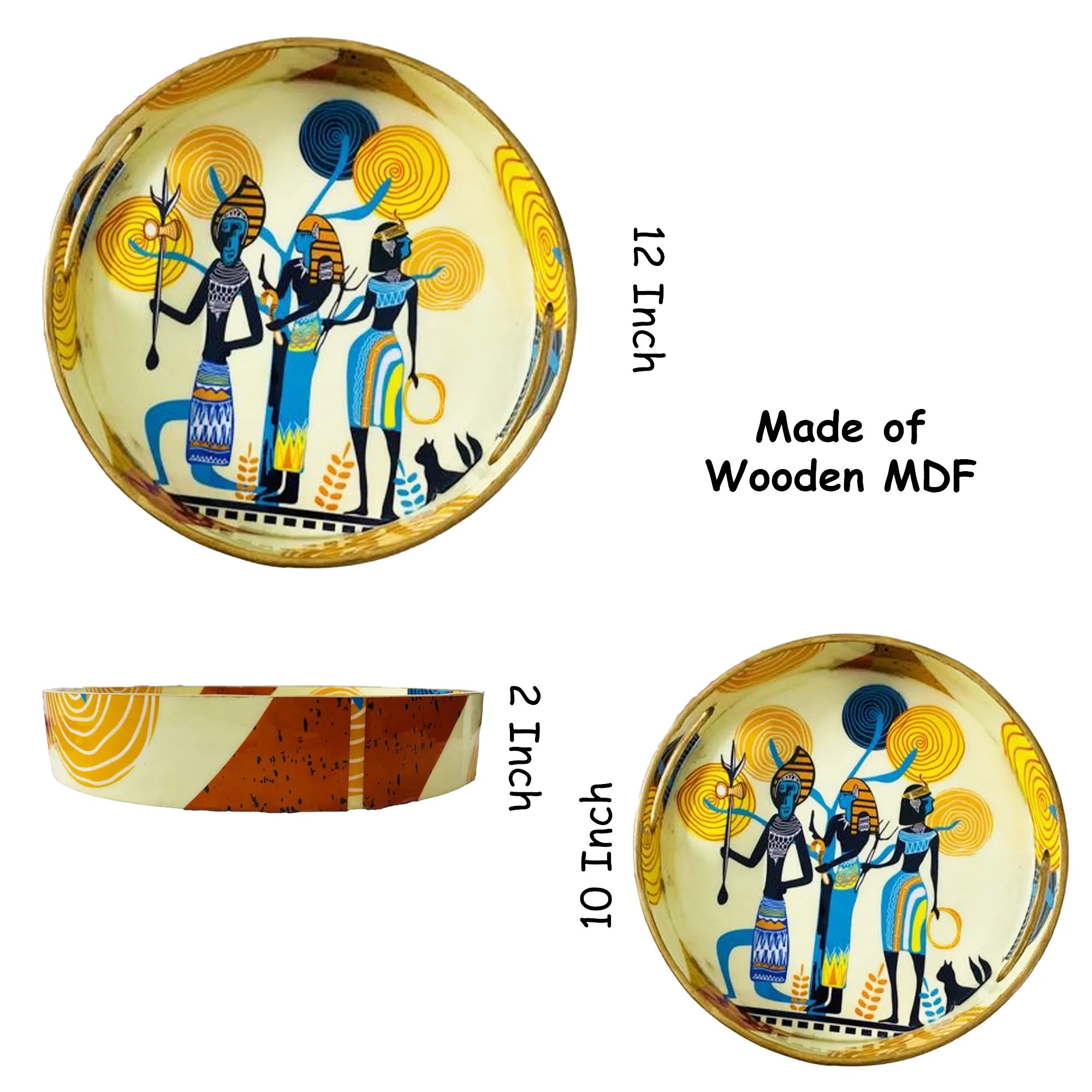 "Egyptian Priestess & Warriors" Wooden Cutlery-Round Trays (Set of 2) I Serve ware I Handmade I Decorative I Meena Print I Size-10*10*2 & 12*12*2 Inch