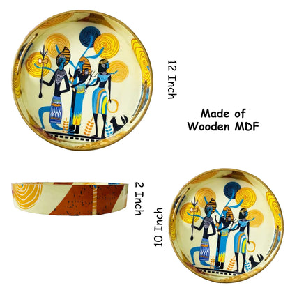 "Egyptian Priestess & Warriors" Wooden Cutlery-Round Trays (Set of 2) I Serve ware I Handmade I Decorative I Meena Print I Size-10*10*2 & 12*12*2 Inch