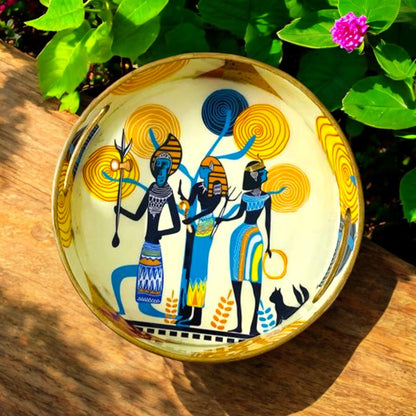 "Egyptian Priestess and Warriors" Artistic Wooden Cutlery-Round Tray Small I Serve ware I Hand Crafted I Decorative I Meena Print I Size-10*10*2 Inch