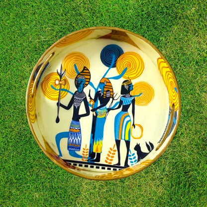 "Egyptian Priestess and Warriors" Artistic Wooden Cutlery-Round Tray Small I Serve ware I Hand Crafted I Decorative I Meena Print I Size-10*10*2 Inch