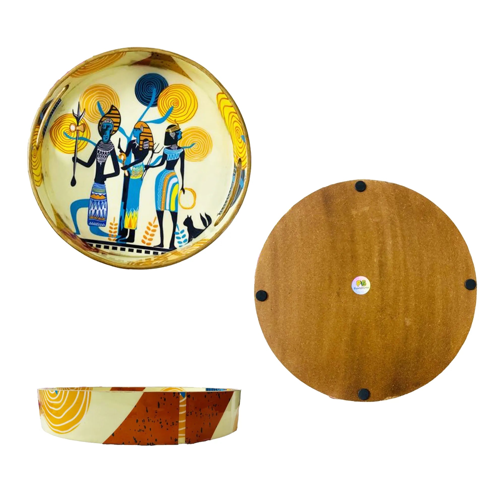 "Egyptian Priestess and Warriors" Artistic Wooden Cutlery-Round Tray Small I Serve ware I Hand Crafted I Decorative I Meena Print I Size-10*10*2 Inch