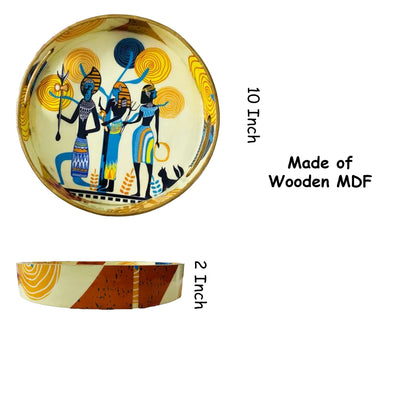 "Egyptian Priestess and Warriors" Artistic Wooden Cutlery-Round Tray Small I Serve ware I Hand Crafted I Decorative I Meena Print I Size-10*10*2 Inch