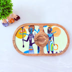 "Egyptian Priestess and Warriors" Artistic Wooden Cutlery-Round Platter with Ceramic Bowl I Dine ware I Hand Crafted I Decorative I Size-14*8 Inch