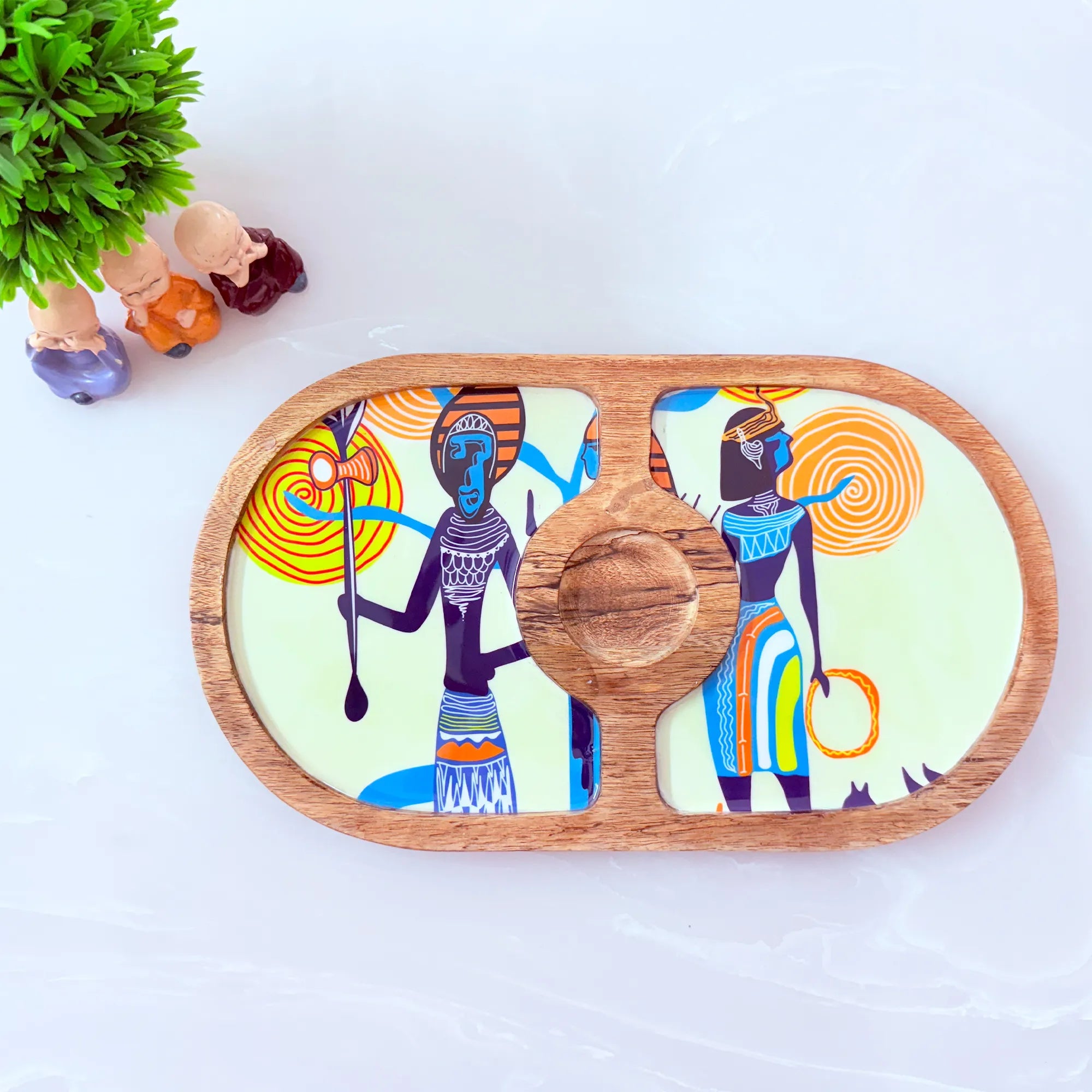 "Egyptian Priestess and Warriors" Artistic Wooden Cutlery-Round Platter with Ceramic Bowl I Dine ware I Hand Crafted I Decorative I Size-14*8 Inch