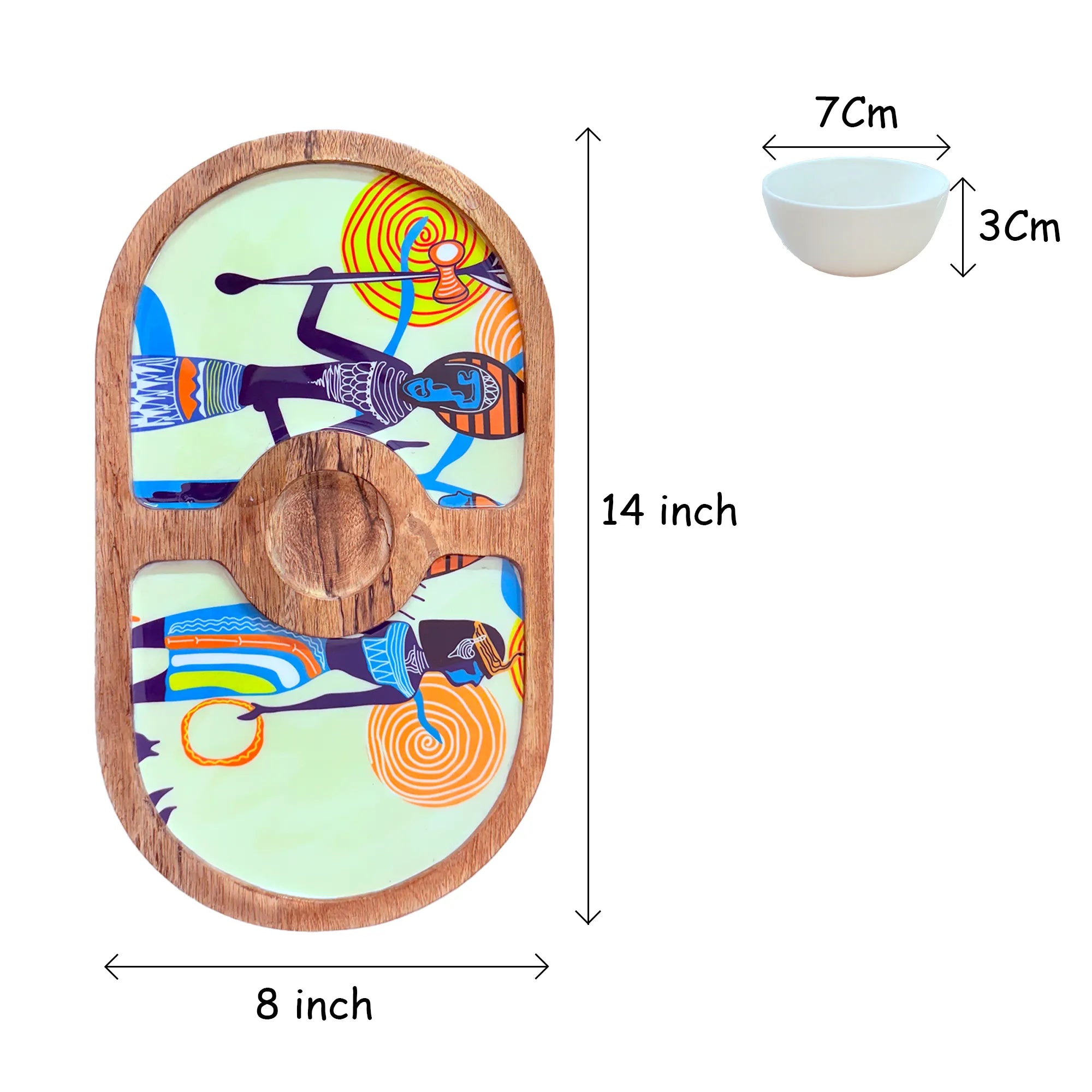 "Egyptian Priestess and Warriors" Artistic Wooden Cutlery-Round Platter with Ceramic Bowl I Dine ware I Hand Crafted I Decorative I Size-14*8 Inch