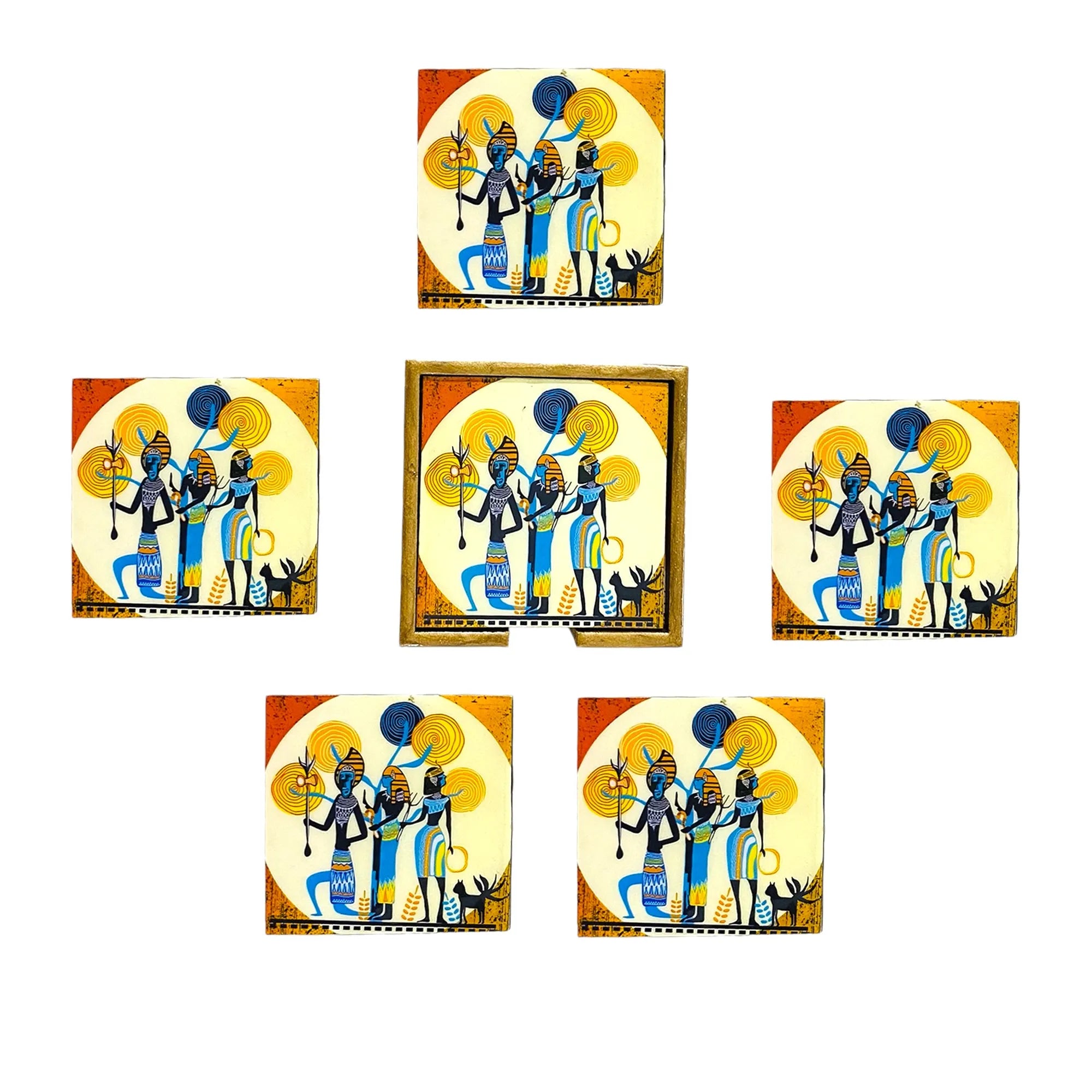 "Egyptian Priestess and Warriors" Artistic Wooden Cutlery-Wooden Tea Coaster I Table ware I Handmade I Home Décor I Meena Print I Size- 4*4 Inch