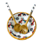 "Elephants In Love" Artistic Wooden Cutlery-Big Bowl with Serving Spoons I Dine ware I Hand Crafted I Decorative I Meena Print I Size-10*10*3 Inch