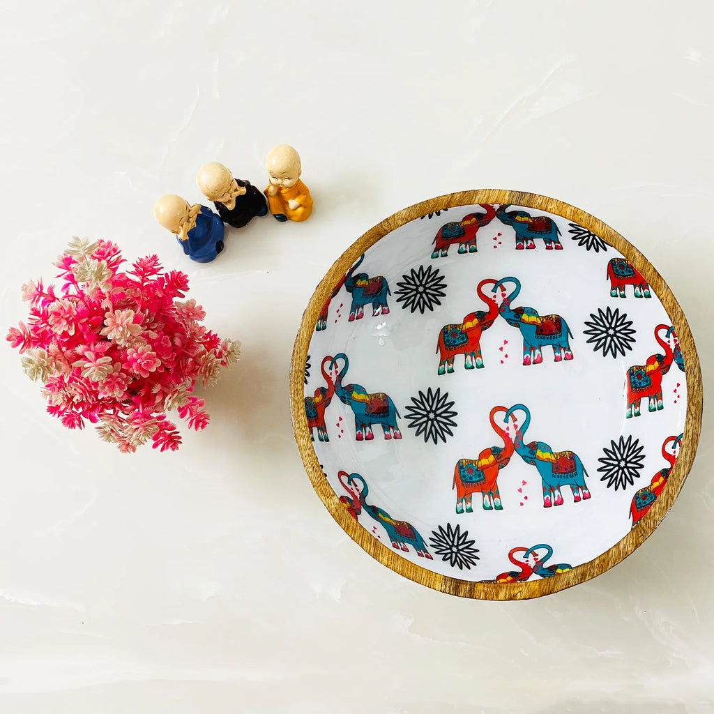 "Elephants In Love" Artistic Wooden Cutlery-Big Bowl with Serving Spoons I Dine ware I Hand Crafted I Decorative I Meena Print I Size-10*10*3 Inch