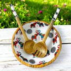 "Elephants In Love" Artistic Wooden Cutlery-Big Bowl with Serving Spoons I Dine ware I Hand Crafted I Decorative I Meena Print I Size-10*10*3 Inch