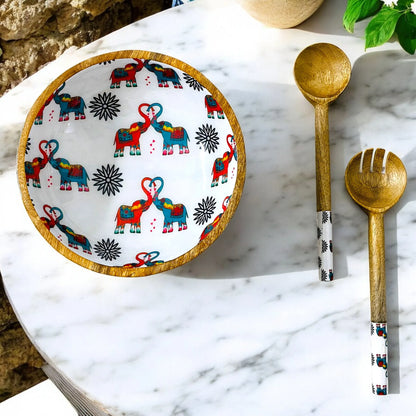 "Elephants In Love" Artistic Wooden Cutlery-Big Bowl with Serving Spoons I Dine ware I Hand Crafted I Decorative I Meena Print I Size-10*10*3 Inch