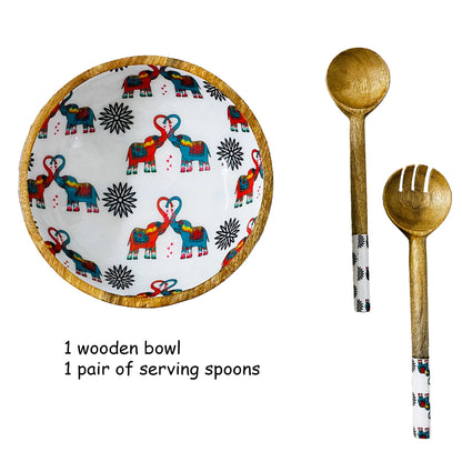 "Elephants In Love" Artistic Wooden Cutlery-Big Bowl with Serving Spoons I Dine ware I Hand Crafted I Decorative I Meena Print I Size-10*10*3 Inch