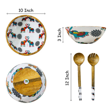 "Elephants In Love" Artistic Wooden Cutlery-Big Bowl with Serving Spoons I Dine ware I Hand Crafted I Decorative I Meena Print I Size-10*10*3 Inch