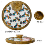 "Elephants In Love" Artistic Wooden Cutlery-Circular Platter with Wooden Bowl I Table ware I Hand Crafted I Decorative I Meena Print I Size-10*10 Inch